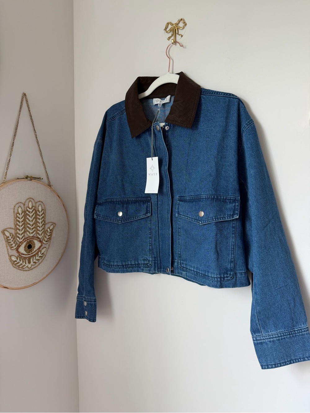 Wayf Denim cotton zip Jacket with Brown Collar